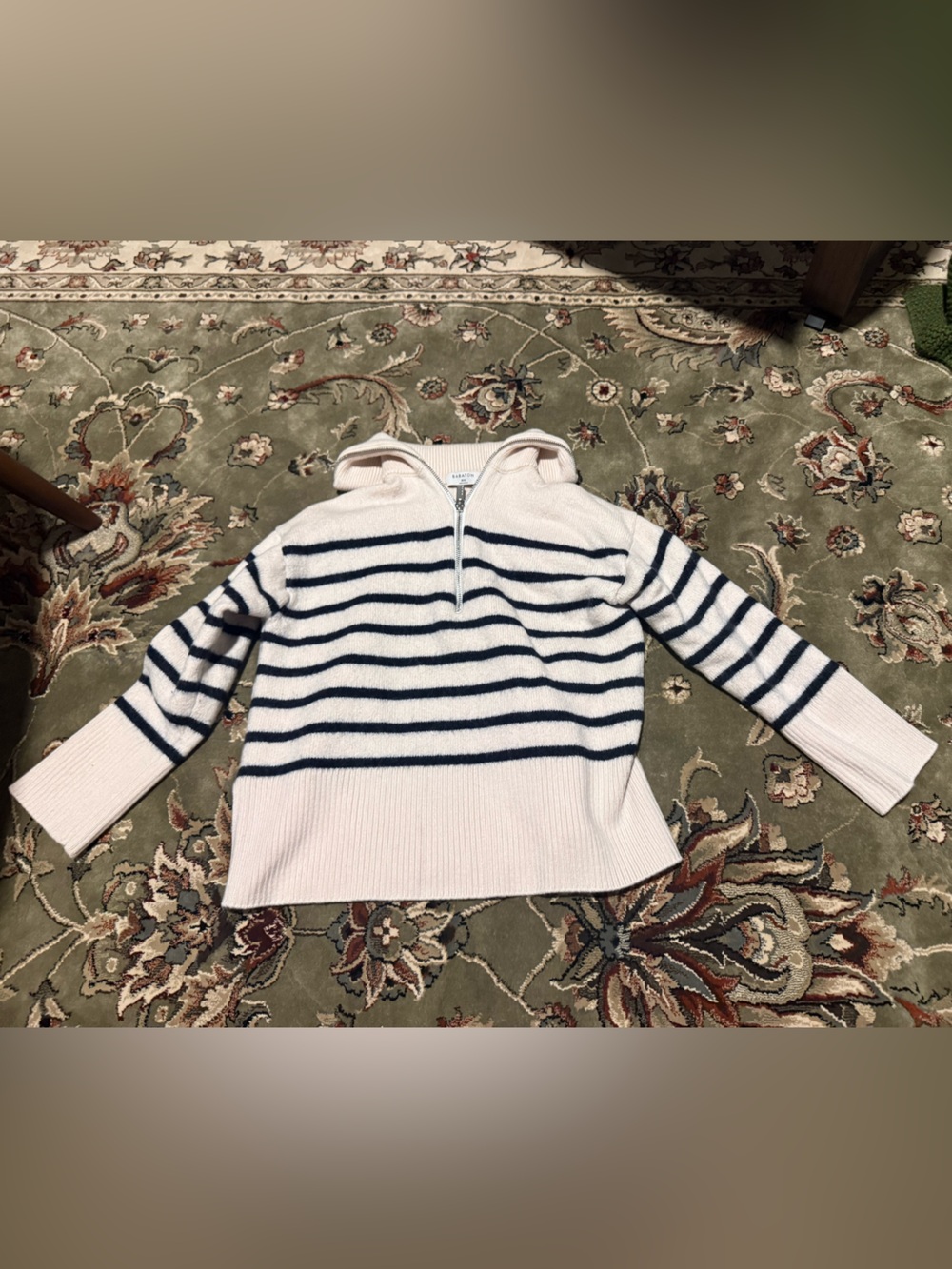 Striped Hooded Half-Zip Sweater in Cream and Navy-Babaton